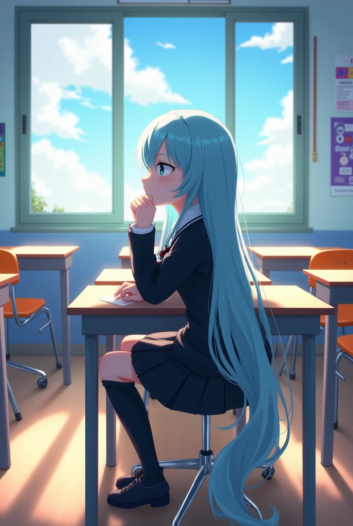 One person, Long light blue hair, dark blue, sit in classroom, Modern black school uniform, anime