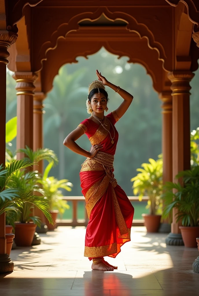 Indian chubby curvy female aged 30 fair skintone wearing mohiniyattam dance costume in kerala traditional home. Realistic image. Dance pose