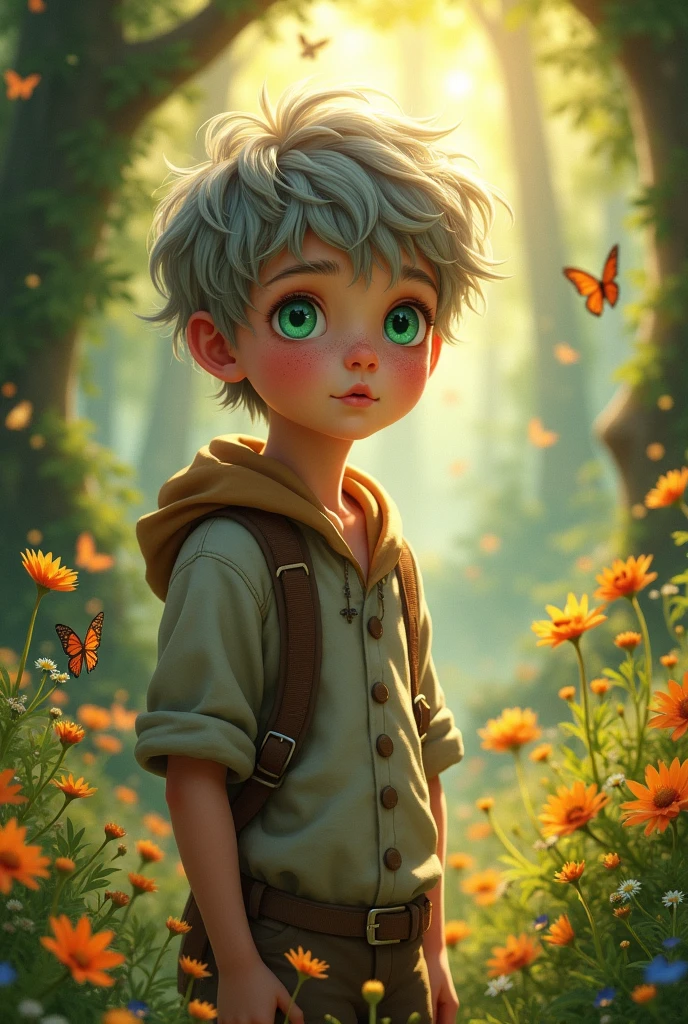 a boy with gray hair and green eyes