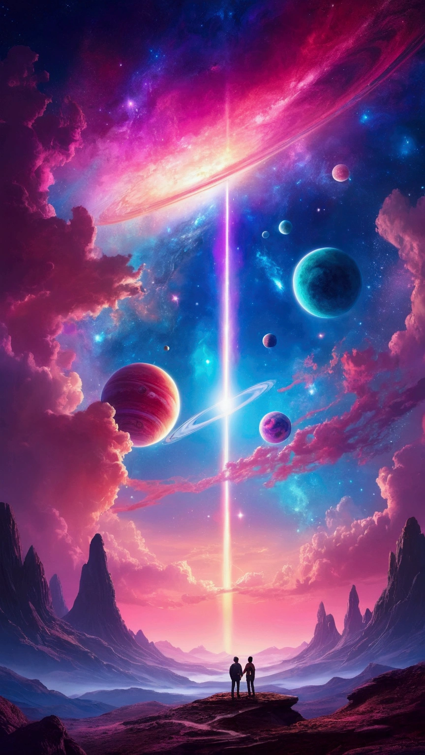 a couple of people standing on top of a mountain under a sky filled with planets, fantasy space, cosmic and colorful, surreal space, cosmic colors, beautiful space, space colors, planets in the skies, space sky, galactic light colors, beeple and jeremiah ketner, cosmic skies, planets in the sky, beeple colors, beeple masterpiece