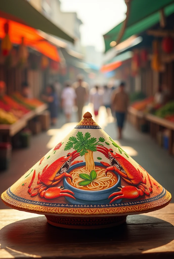 Draw a conical hat with a picture of a bowl of Vung Tau crab noodle soup printed on it.