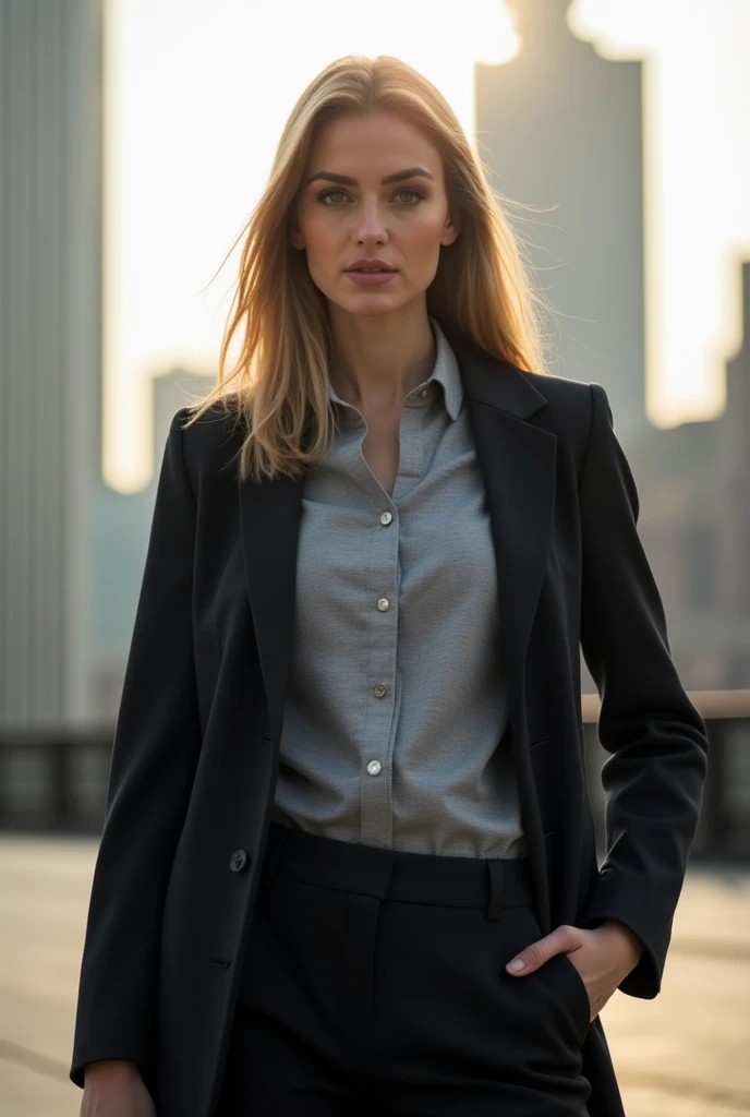 Women uniform with black pants grey full sleeve shirt and black overcoat semi blazer