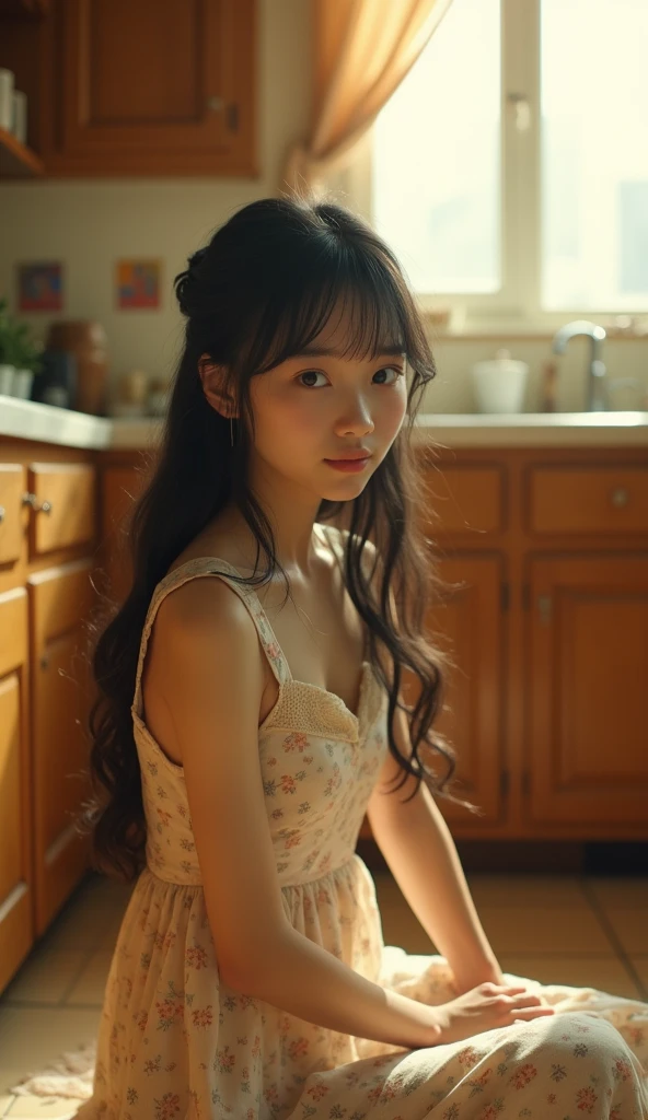 High resolution照片中,One with long hair、Young woman with bangs sitting on floor in cozy vintage kitchen。She has exquisite appearance、skin porcelain,The image has some childish qualities。Her face and posture exude an aura of fragility and innocence,It is easy for people to have a feeling of wanting to protect and care。her gentle eyes、Beautiful facial features,Plus the warm environment she lives in,All enhance this endearing effect。Wearing a light-colored sleeveless floral pattern dress,Exudes a soft and refined scent,Highlighted her slender figure,Enhances the exquisite nostalgia of the scene。Her posture is slightly relaxed,with a hint of melancholy,Adds a layer of depth and emotion to her presence。She has a long and black head、silky hair,Use slender bangs to gently frame her face。The contours of her face are soft and delicate,A petite nose and full pink lips add subtle allure。Her large, almond-shaped eyes are expressive,Dark eyelashes highlight her gentleness、thoughtful gaze。A light blush on the cheeks,Bringing out her overall youthful innocence。The kitchen is cozy、nostalgic atmosphere,Comes with wooden cabinets、Refrigerator covered with magnets and sticky notes and beige tiles with traditional design,Emphasis on sophistication and nostalgia。Warm and soft lighting,create a soft、warm atmosphere。Woman's expression thoughtful,Slightly melancholy,Adds depth and emotion to the scene。
• Resolution:High resolution (300 dpi) Imaging ensures fine details are captured。
• Aperture:Use a wide aperture(f/2.0)shot,Produce shallow depth of field,Softly blurred background,Keep the focus on women。
• Shutter speed:Moderate shutter speed(1/100 sec)Scenes that can capture natural movements,maintain clarity,without any motion blur。
• ISO:Low ISO (100) Used to minimize noise and maintain image clarity。
• Color temperature:Imagery and Warm Colors(About 5000K)Keep it balanced,Enhance the cozy atmosphere of the kitchen。
• Exposure:Increase the exposure slightly to highlight the female features and the soft ambient light in the room。
• Photosensitive element:使用全片幅感光元件shot,Ensure rich color depth and dynamic range。
• Lighting:Natural light streams in from nearby windows,Soften the light through diffused curtains,Casts soft shadows and adds depth to the scene。
• Post-production:Use minimal post-processing to preserve nature、Warm atmosphere,and adjust the contrast and brightness slightly to enhance the overall mood。