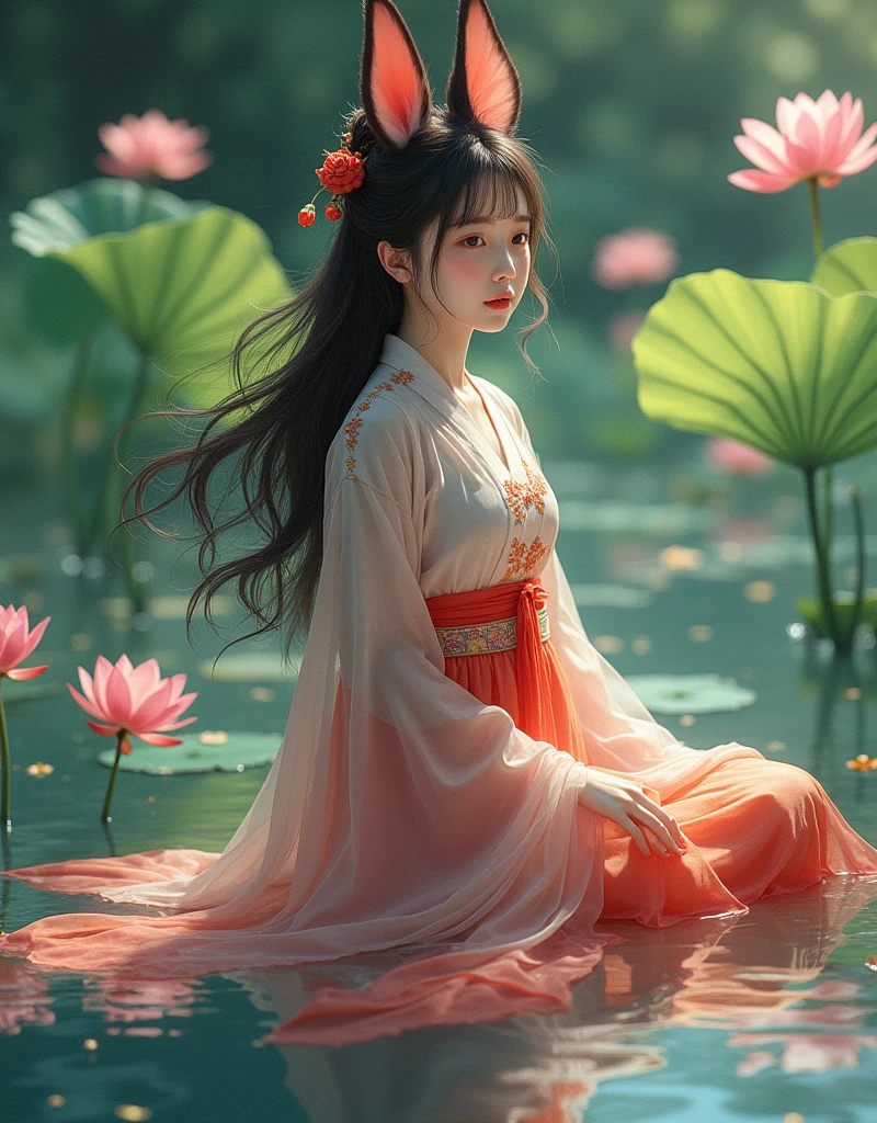 absurd, , in the style of unreal engine 5 art style, Glitter, Oil painting style art high resolution, Extremely detailed, (1 Girl:1.3), Hand Painted, Simple lines, 16-year-old girl wearing colorful Chinese Hanfu, Sexy fox ears girl, By the lotus pond, masterpiece, sitting in water, Floating clothes, Flowing hair