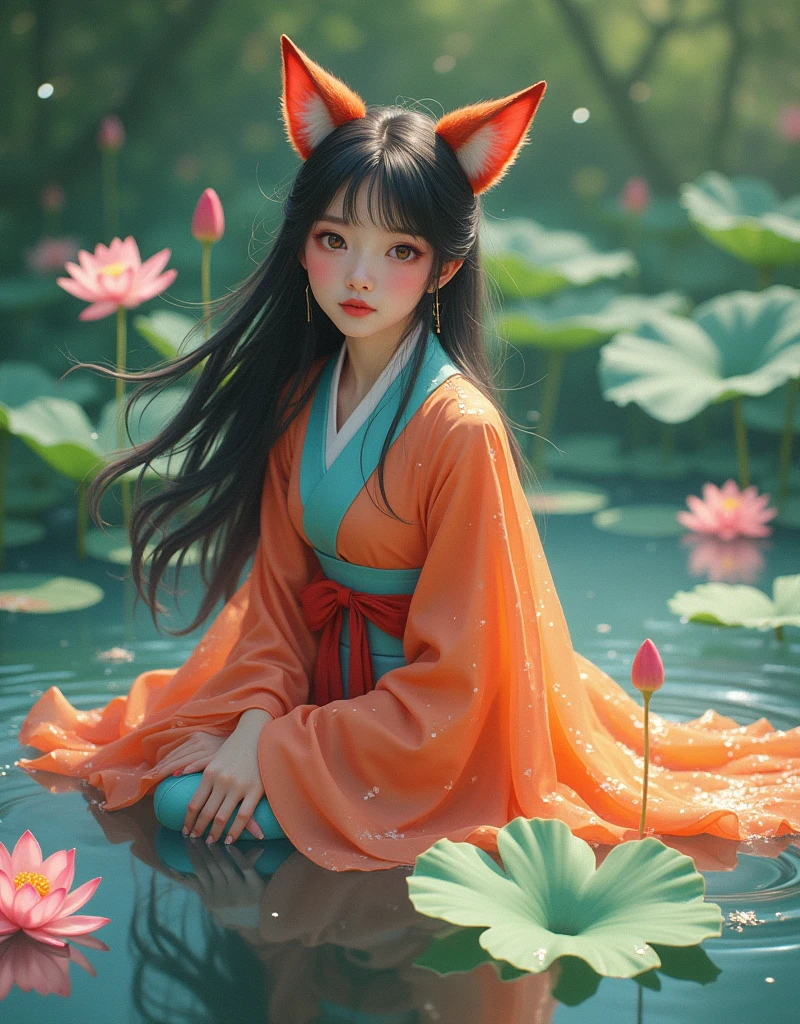 absurd, , in the style of unreal engine 5 art style, Glitter, Oil painting style art high resolution, Extremely detailed, (1 Girl:1.3), Hand Painted, Simple lines, 16-year-old girl wearing colorful Chinese Hanfu, Sexy fox ears girl, By the lotus pond, masterpiece, sitting in water, Floating clothes, Flowing hair