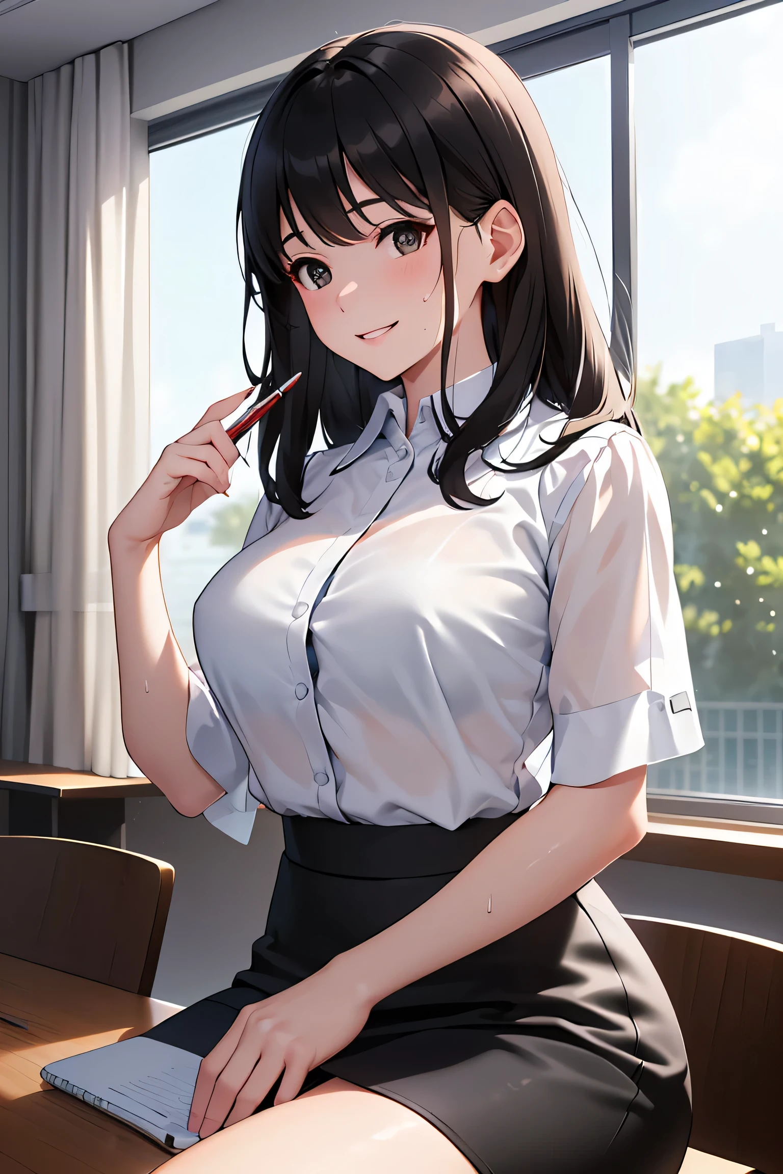 masterpiece、High resolution、high quality、The faint sunlight shines in, (Empty meeting room), One person, A beautiful woman, (clear, intellectual (White blouse with collar),(Short pencil skirt), Beautiful black hair, (Long black hair)), Watching the audience, Smiling gently, (Ample breasts),Balanced face, Sports Club, sweating, (See-through bra)