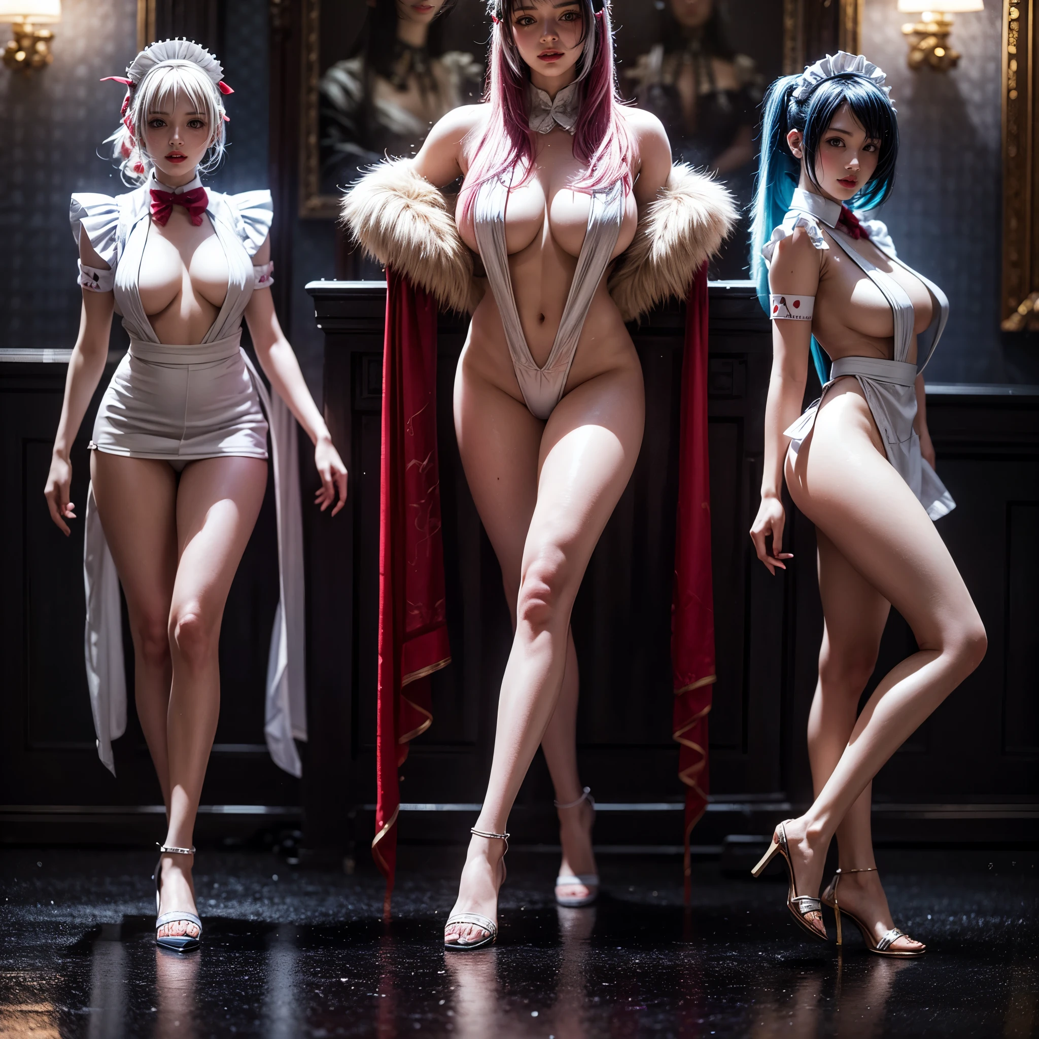 (Full Body of Extremely Detailed((Sexy Maid Group in a row:1.37))), KAWAII perfect face, Reflective Eyes, Detailed(Delicate Clothing textures), Correct Leg Line, Dynamic Joyful Expressions LifeLike Rendering, Specular Reflection, TopQuality 8K Ultra-detailed masterpiece (ProfessionalPhoto:1.37), (Acutance:0.8), (Luminism:1.28), (Renaissance art style), Colorful Light particles, ((Full body from side)), {Kissing|Thigh Gap|AssFocus|(NakedApron with Overflowing SideBoob)}, Radiant Fine Skin with Transparency, (Exposed:0.4), (Different types of Anime hair color){Pink Hair|Blue Hair|Platinum Blonde|Pure White Hair|Liquid Hair}, Perfect Lighting , (nipple:-1.28)