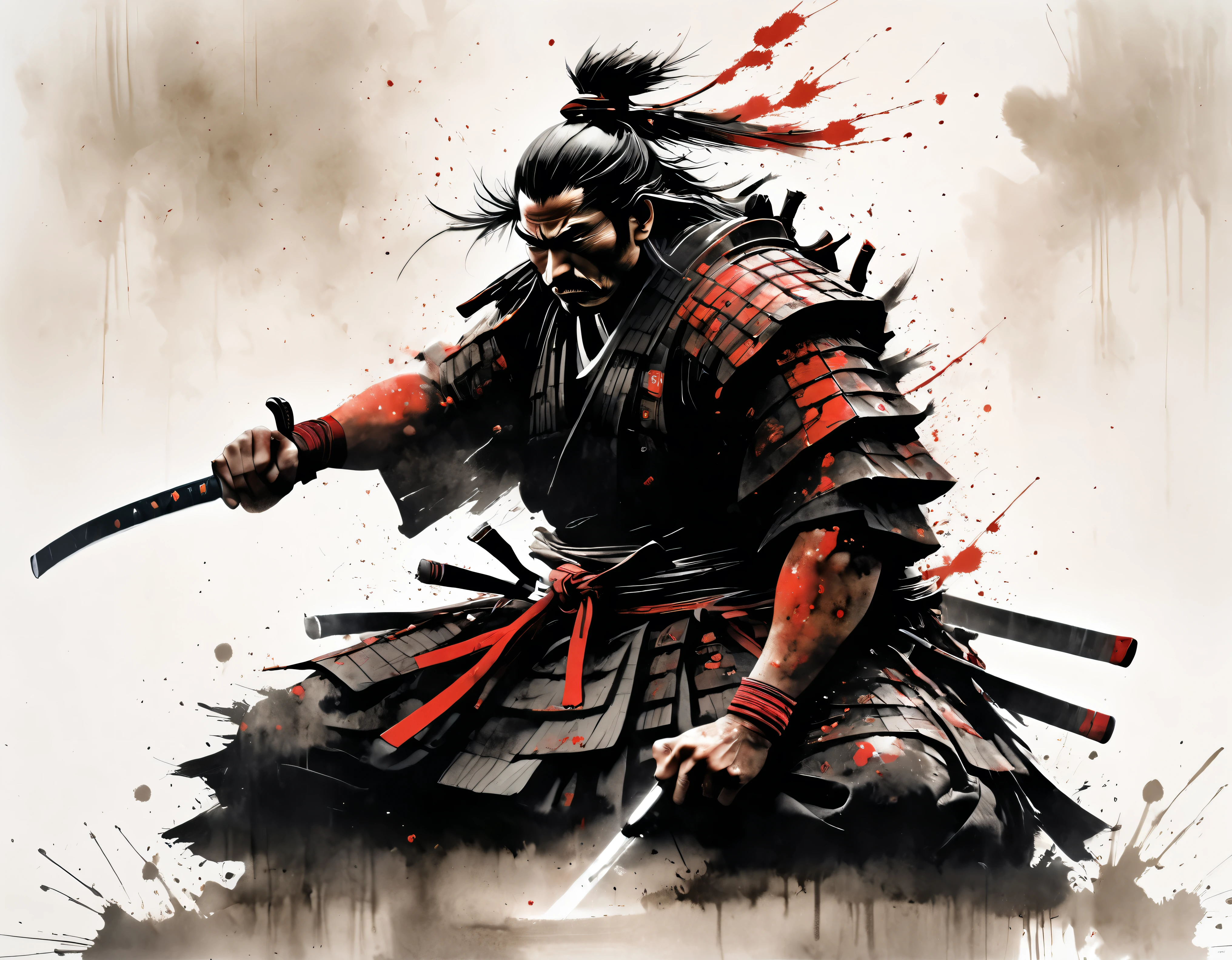 highly athletic samurai warrior, white background, kneeling on one knee, traditional samurai sword covered in red blood , collapsed in despair and anguish, silhouette, backlit, blood splatter spray, fine art parody, upper body, ink art-style, INK, sumi-e art-style, masterpiece, black and white ink, ink droplets all over the place, ink droplets, ((masterpiece: 2)), Ink art style