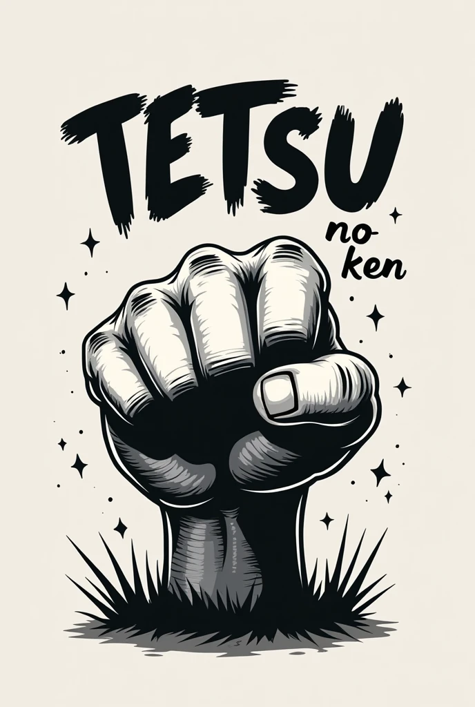 Create an iron fist logo with the name TETSU no ken. Cartoon that is not colored simple cartoon