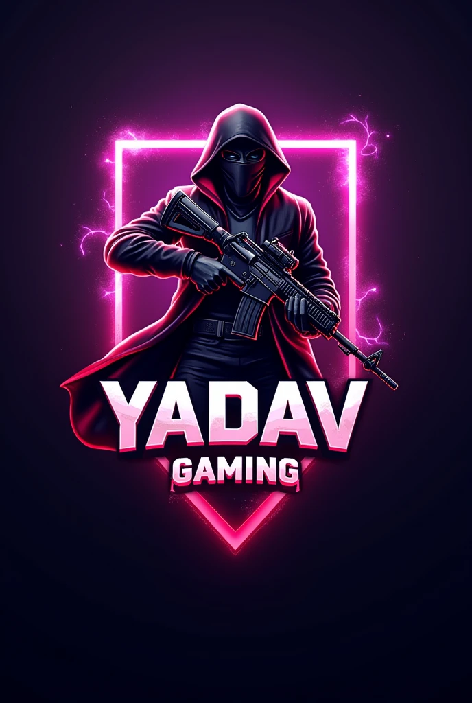 Make a gaming logo name of yadav gaming
with a man who wears black and red suit with a mp gun of pubg with good animation and purple colour