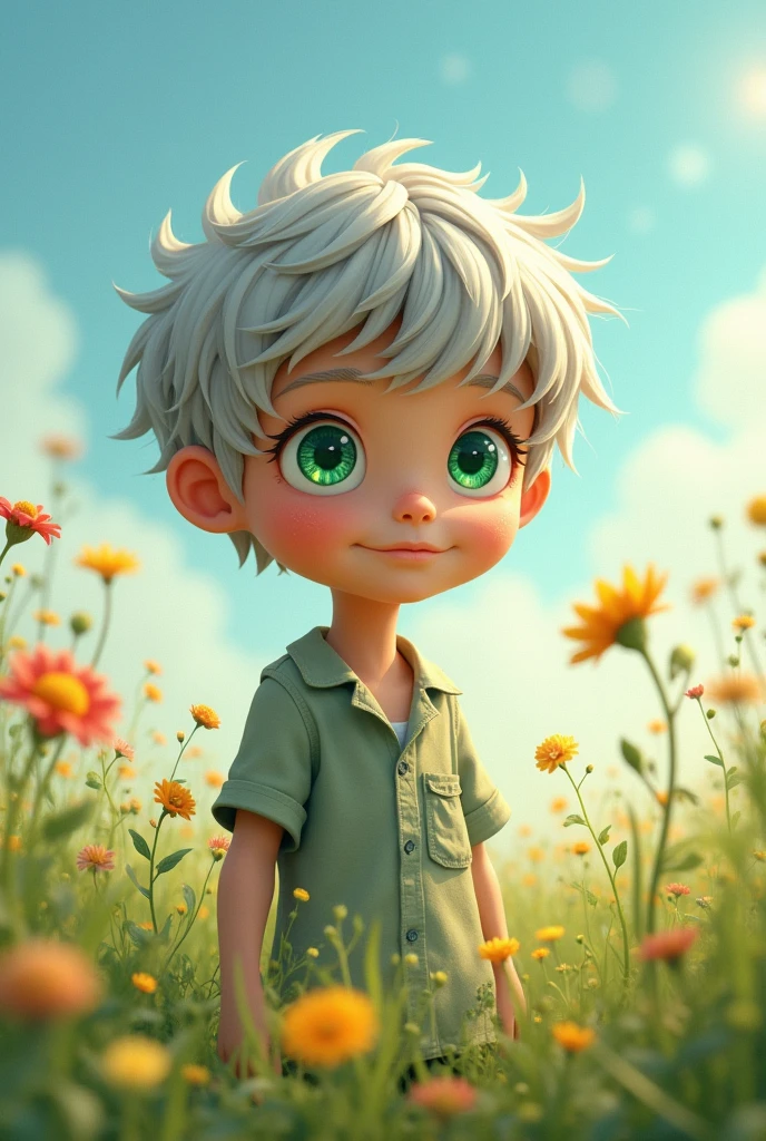 a boy with gray hair and green eyes