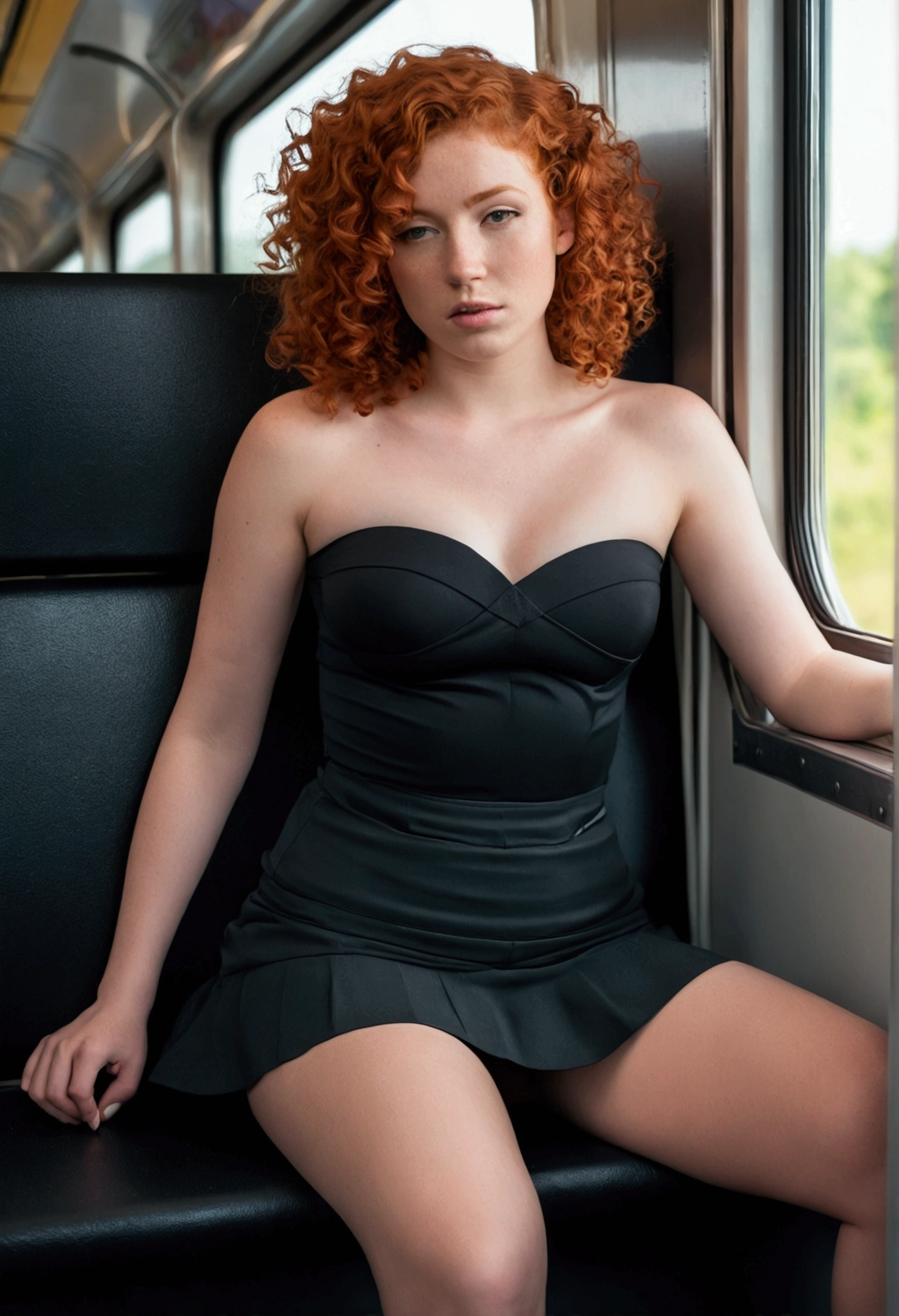 front image. young woman with model body. curly red hair. short black skirt. Strapless top that reveals the navel. Open legs showing black thong. Sitting in a train seat. asleep. cinematic style, absolute sharpness, 8k image (masterpiece).