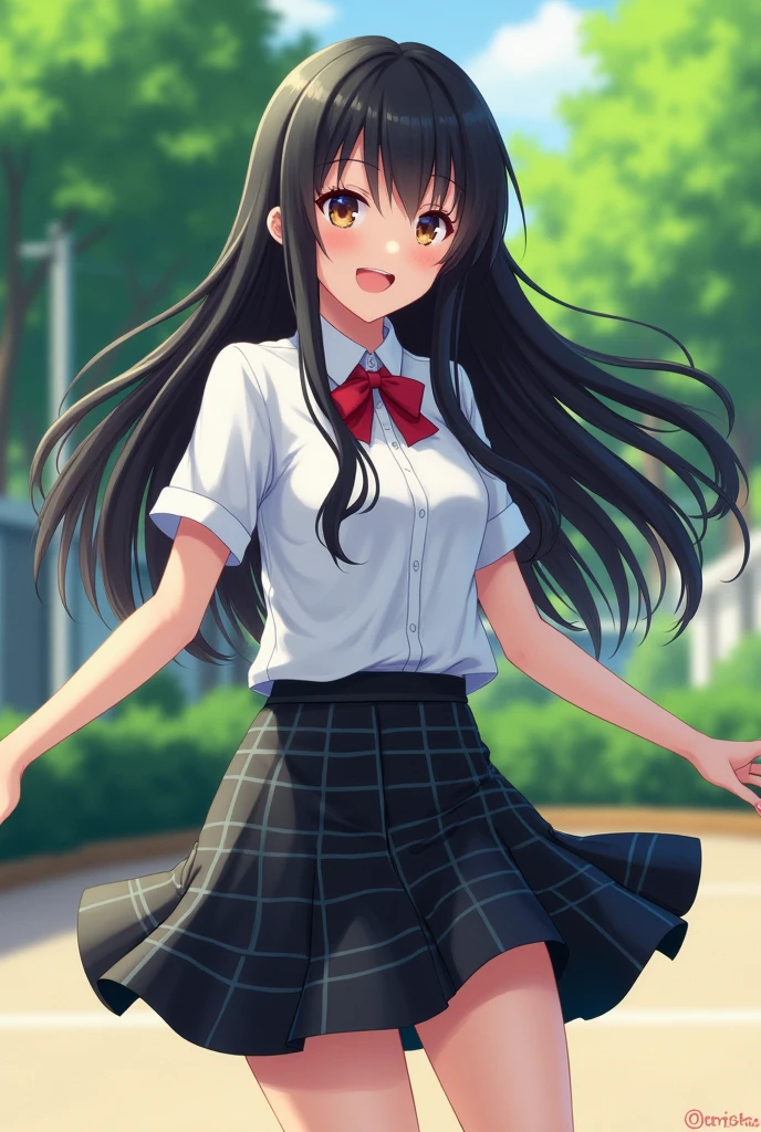 A smiling Japanese high school girl with long straight black hair is doing a rollover. Her uniform is a white shirt.。
The miniskirt is checkered and all black.。
The length of the hair is very long。
Nogizaka46-ish 。
A painting that looks like a photograph