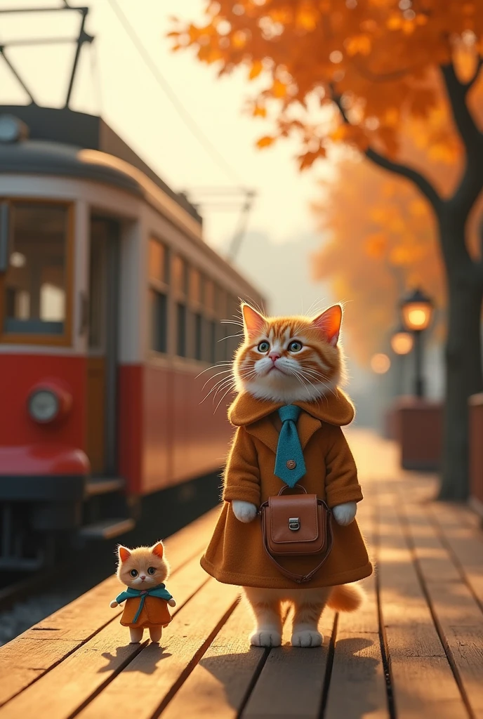 35mm lens,Multiple angles,side,contour,Overhead shot,Cat,permanent,toy doll,Carrying a small school bag,tram,Hokkaido,Autumn Station,Wooden house,platform, cloak,Ruan Jia,Set,tie, (Delicate face), (Fine hairs),(35mm Cinema Lens),(Multi-angle shooting),(many viewing angles)