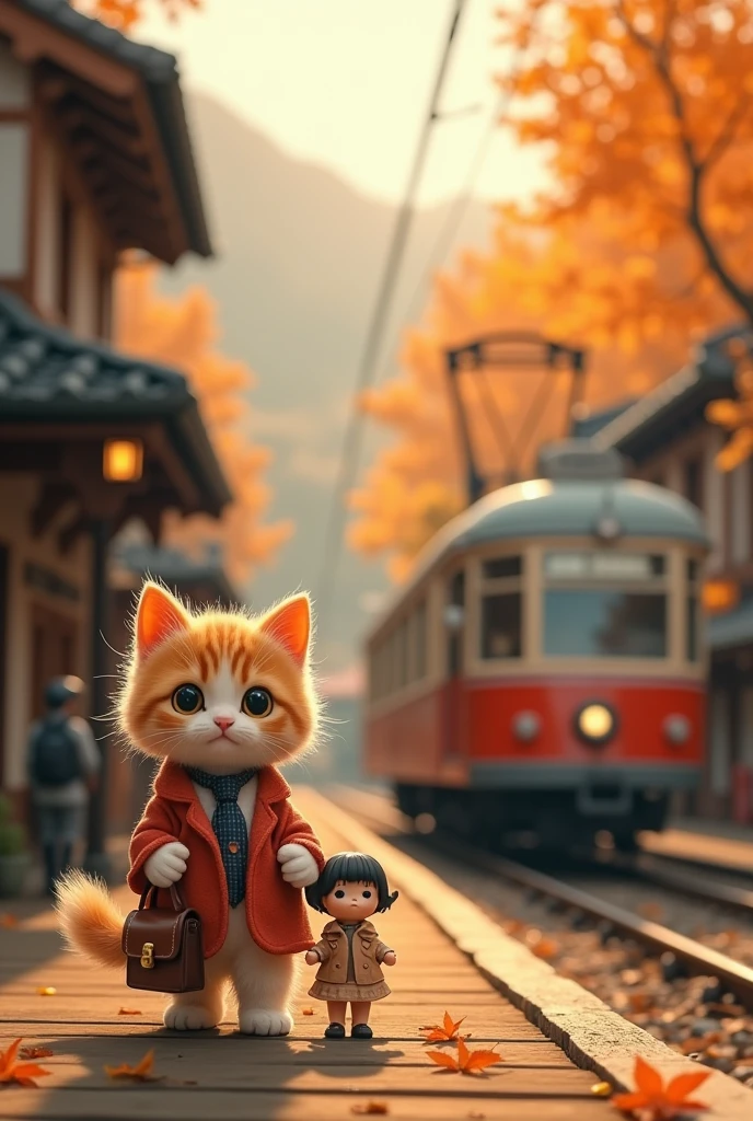 35mm lens,Multiple angles,side,contour,Overhead shot,Cat,permanent,toy doll,Carrying a small school bag,tram,Hokkaido,Autumn Station,Wooden house,platform, cloak,Ruan Jia,Set,tie, (Delicate face), (Fine hairs),(35mm Cinema Lens),(Multi-angle shooting),(many viewing angles)