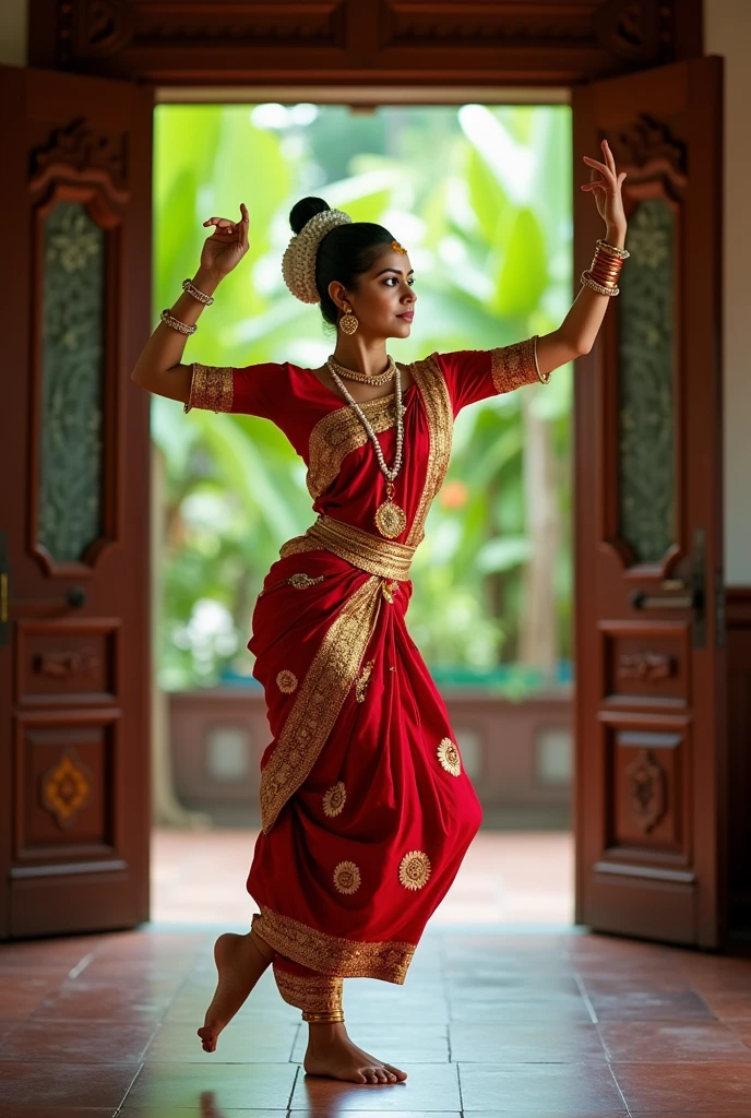 Indian chubby curvy female aged 30 fair skintone wearing mohiniyattam dance costume in kerala home. Realistic image. Dance pose. Closeuo