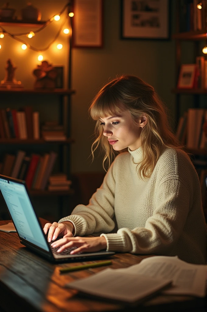 Taylor swift the tortured poets department cover but she is using a laptop 