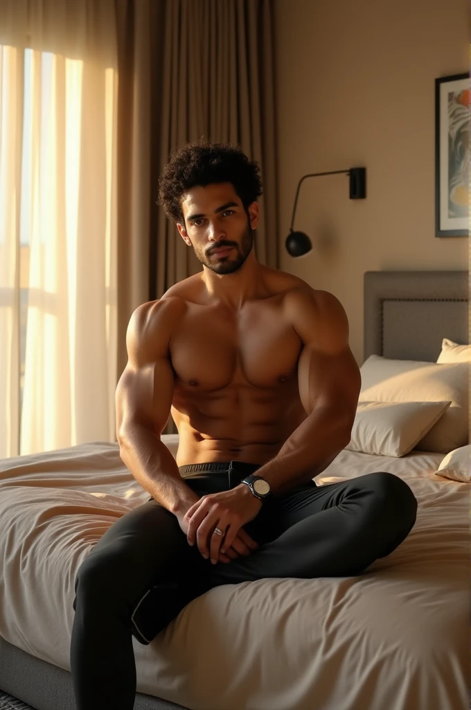 Izhaan sitting on a bed shirtless showing six packs beast body 