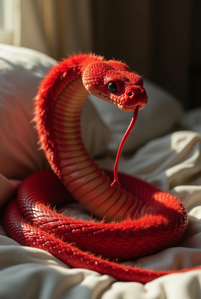 Female furry red cobra, on a bed Whit Big tits And ass, Shes geting claped by a male furry red Snake from the fron, the red Snake has a Big dick