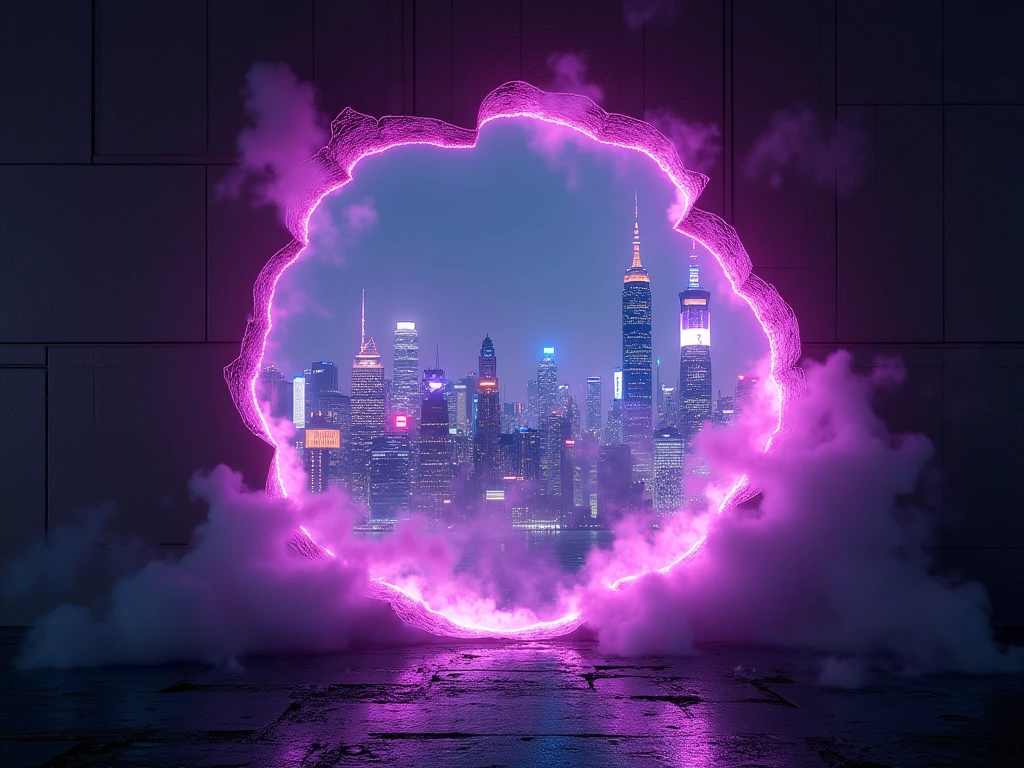(photorealism:1.2), A hole in the wall, the edges of hole burning with purple neon fire, and through the burning hole a city with tall cyberpunk skyscrapers can be seen