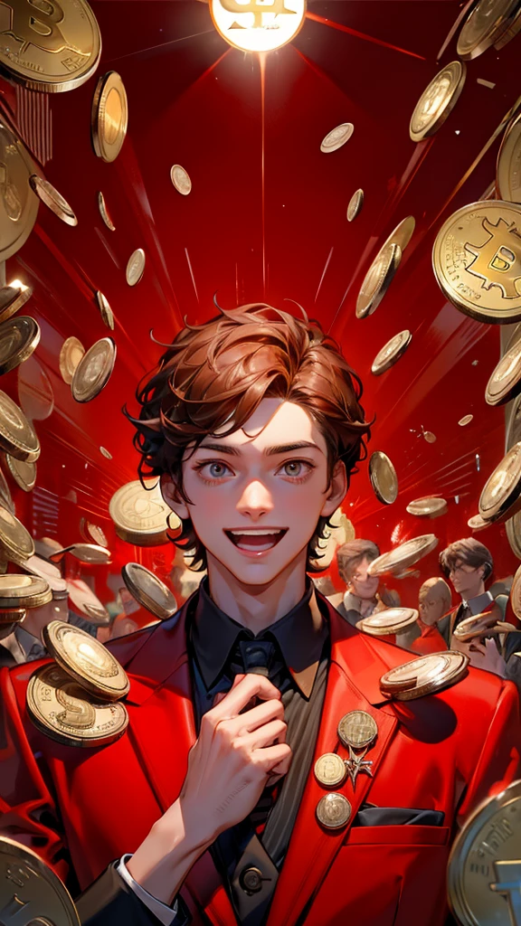a group of boys wearing red suits in suits with their eyes wide open, laughing while holding mobile phones. stock chart going up, surrounded by flying coins and Bitcoin.