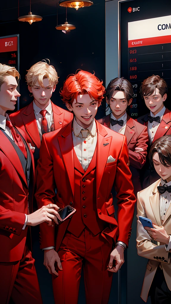 a group of boys wearing red suits in suits with their eyes wide open, laughing  while holding mobile phones.   stock chart going up, surrounded by flying coins and Bitcoin.