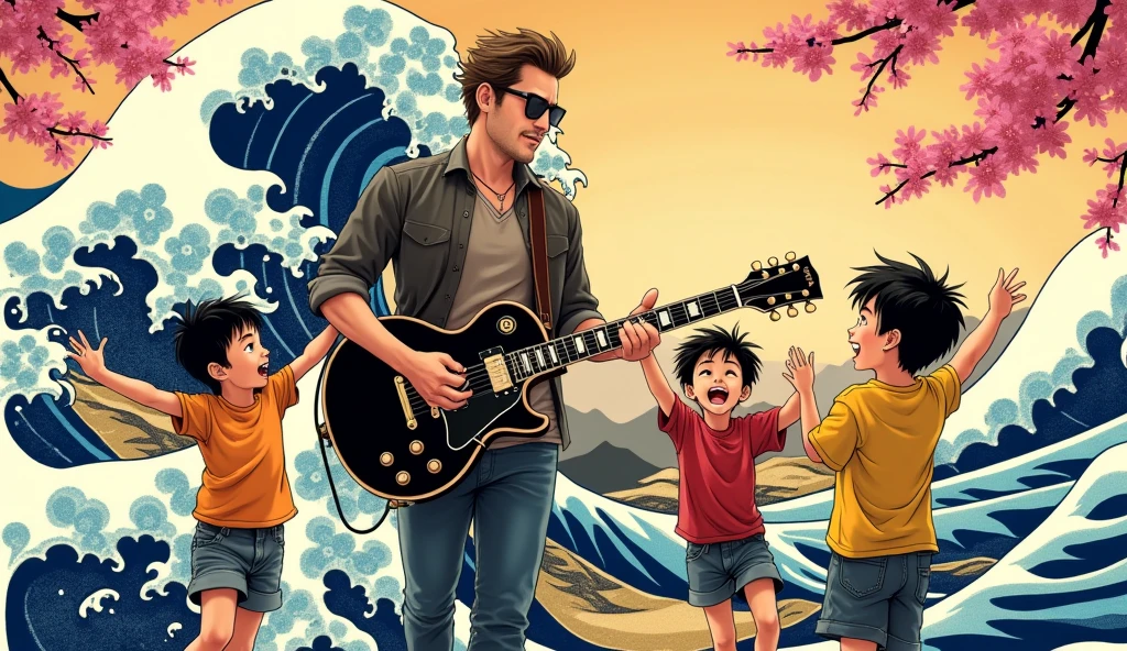 Father and two sons、Rock Guitarist&#39;s Father、Two boys dancing、Ukiyo-e style、The guitar is a black Les Paul、Anime Style