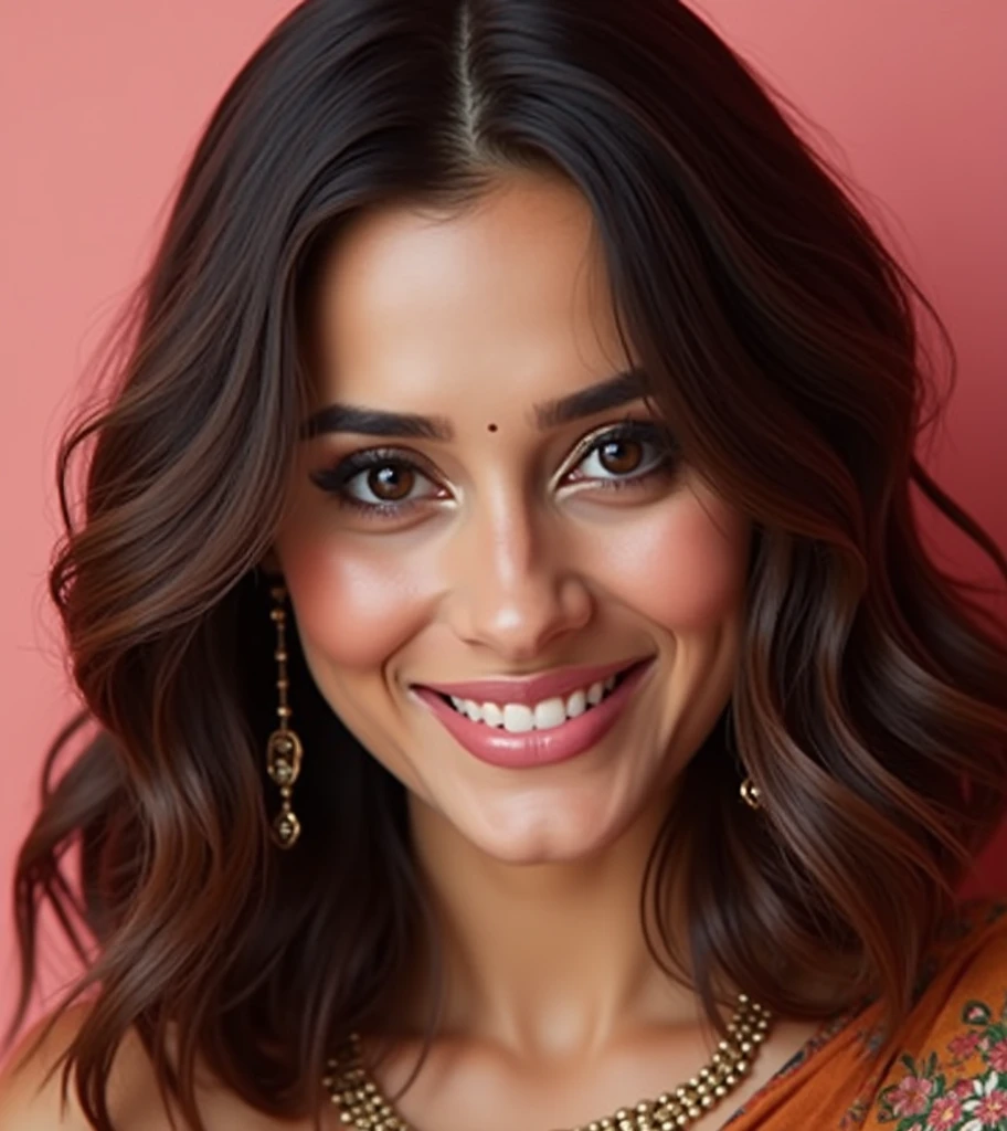 Female 33 who looks like celebrity Sunny Leone as exactly as possible, hyper realistic, bob cut hair, gorgeous luxury saree and purse, full length body photograph, looking straight at the camera, big cute smile, sexy figure, full body length photo inducing her feet.