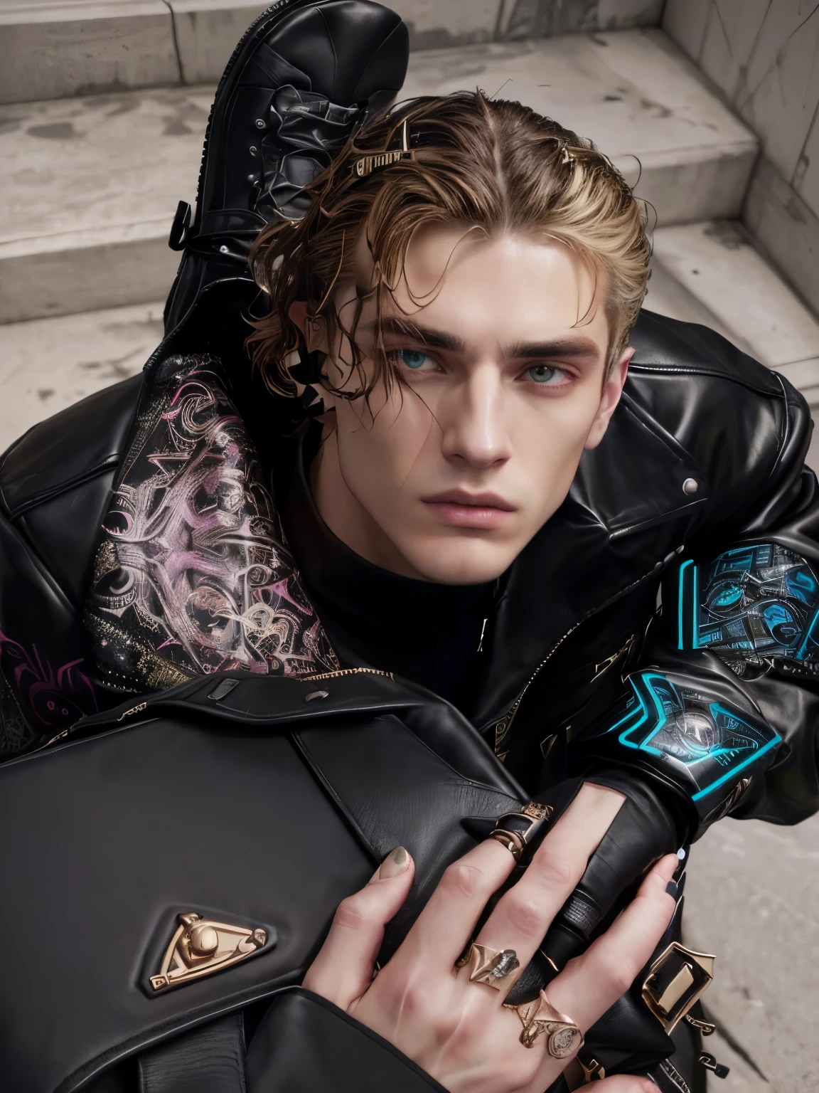 arafed man in black leather jacket holding a black suitcase, official versace editorial, style of anton fadeev, official prada editorial, wearing cyberpunk streetwear, cyberpunk streetwear, official vuitton editorial, anton fedeev, official dior editorial, guccimaze, by Emma Andijewska, in the style jordan grimmer, style of seb mckinnon