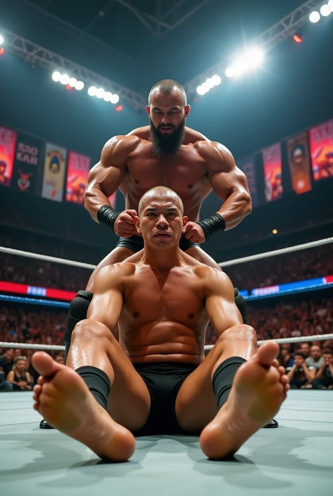 Asian male pro wrestler A vs Asian male heel wrestler B in a ring fight。Aは筋肉質でA with a buzz cut wearing short tights、Has a distressed expression、Body is drenched in sweat。No shoes。B is a heel wrestler and muscular、Sweaty body、A with a buzz cut wearing short tights。A sits on the ring、Spread your legs and point the soles of your feet towards the camera。B sticks to A from behind。An even closer look at the soles of A's feet,