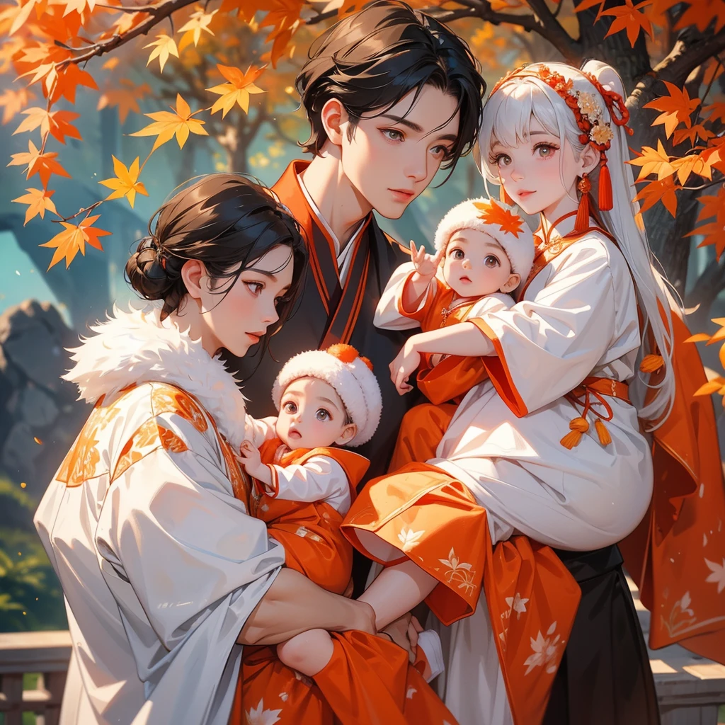 A one-year-old baby boy in white ancient Chinese baby costume with his beautiful mother, dressed in an ancient Chinese costume, The backdrop is a mountain that turns orange-red in spring, and maple leaves fall from the trees, playing with each other, with his handsome father standing next to his mother, close up