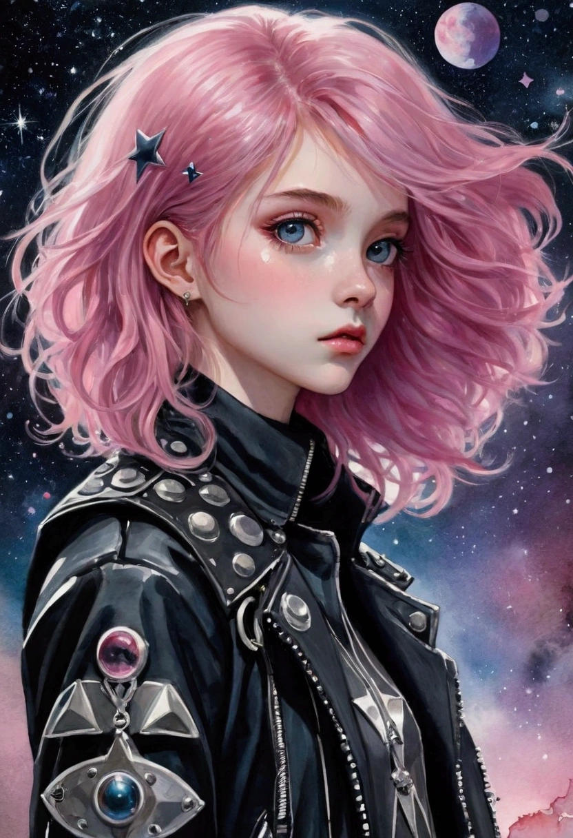 (masterpiece),(best quality:1.1),Best Illustration,Fine details,(Watercolor)floating,1 Girl,Solitary,,Slim,Beautiful face,beautiful eyes,Pink Hair,(Messy hair),(Wearing a heavy metal punk style outfit ),weak,Official Art, Matte tinting, 1970s, psychic, nebula,(Stars), Meteor Showers,((Inspired by: imeon Solomon)),