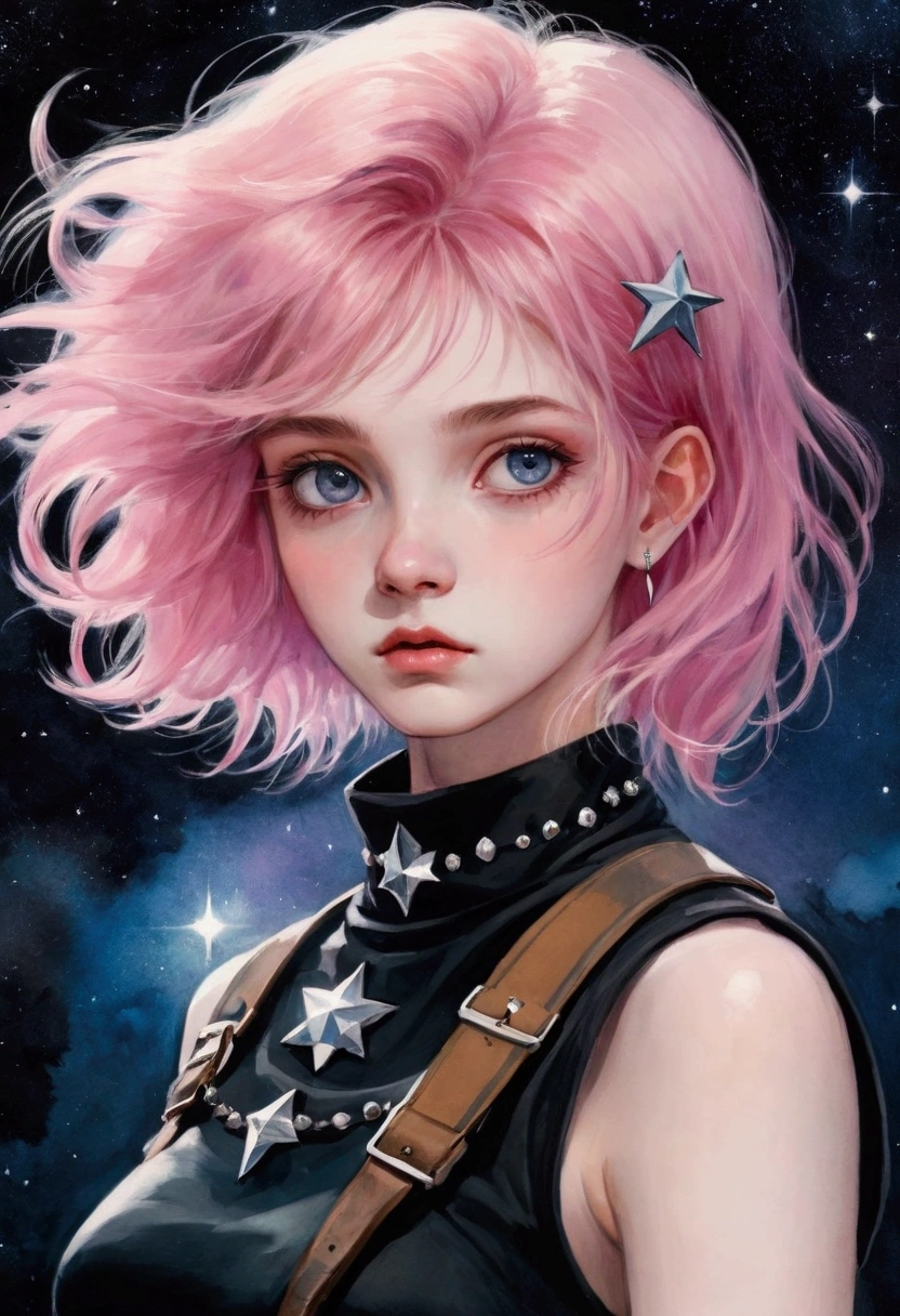 (masterpiece),(best quality:1.1),Best Illustration,Fine details,(Watercolor)floating,1 Girl,Solitary,13 years old,Slim,Beautiful face,beautiful eyes,Pink Hair,(Messy hair),(Wearing a heavy metal punk style outfit ),weak,Official Art, Matte tinting, 1970s, psychic, nebula,(Stars), Meteor Showers,((Inspired by: imeon Solomon)),