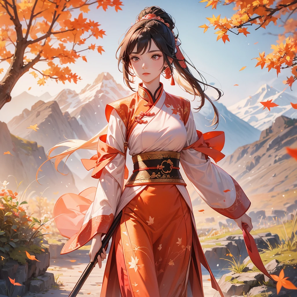 A beautiful female general holding a big spear in pink ancient Chinese general costume, walking In the middle of a spring mountain ,the backdrop is a mountain that turns orange-red in spring, and maple leaves fall from the trees.The sun shines and the sun rises, close up.