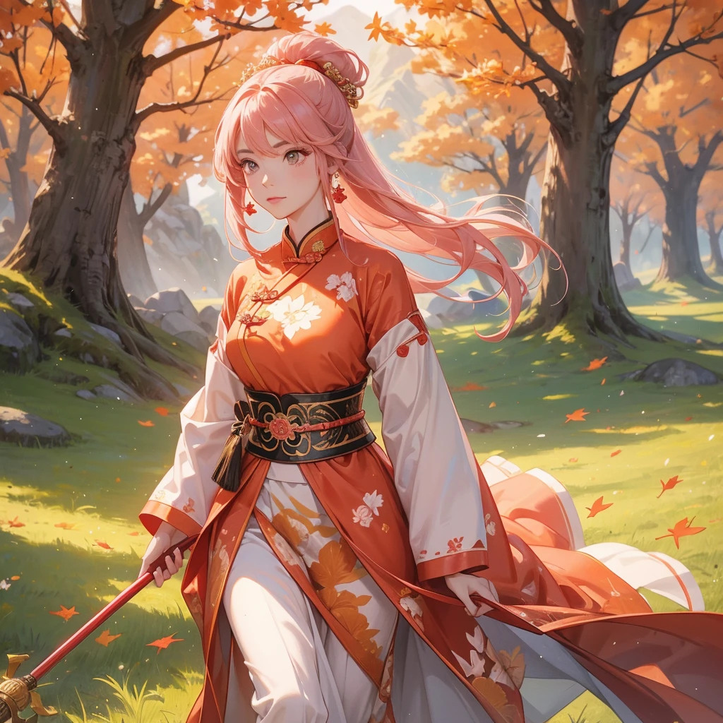 A beautiful female general holding a big spear in pink ancient Chinese general costume, walking In the middle of a spring mountain ,the backdrop is a mountain that turns orange-red in spring, and maple leaves fall from the trees.The sun shines and the sun rises, close up.