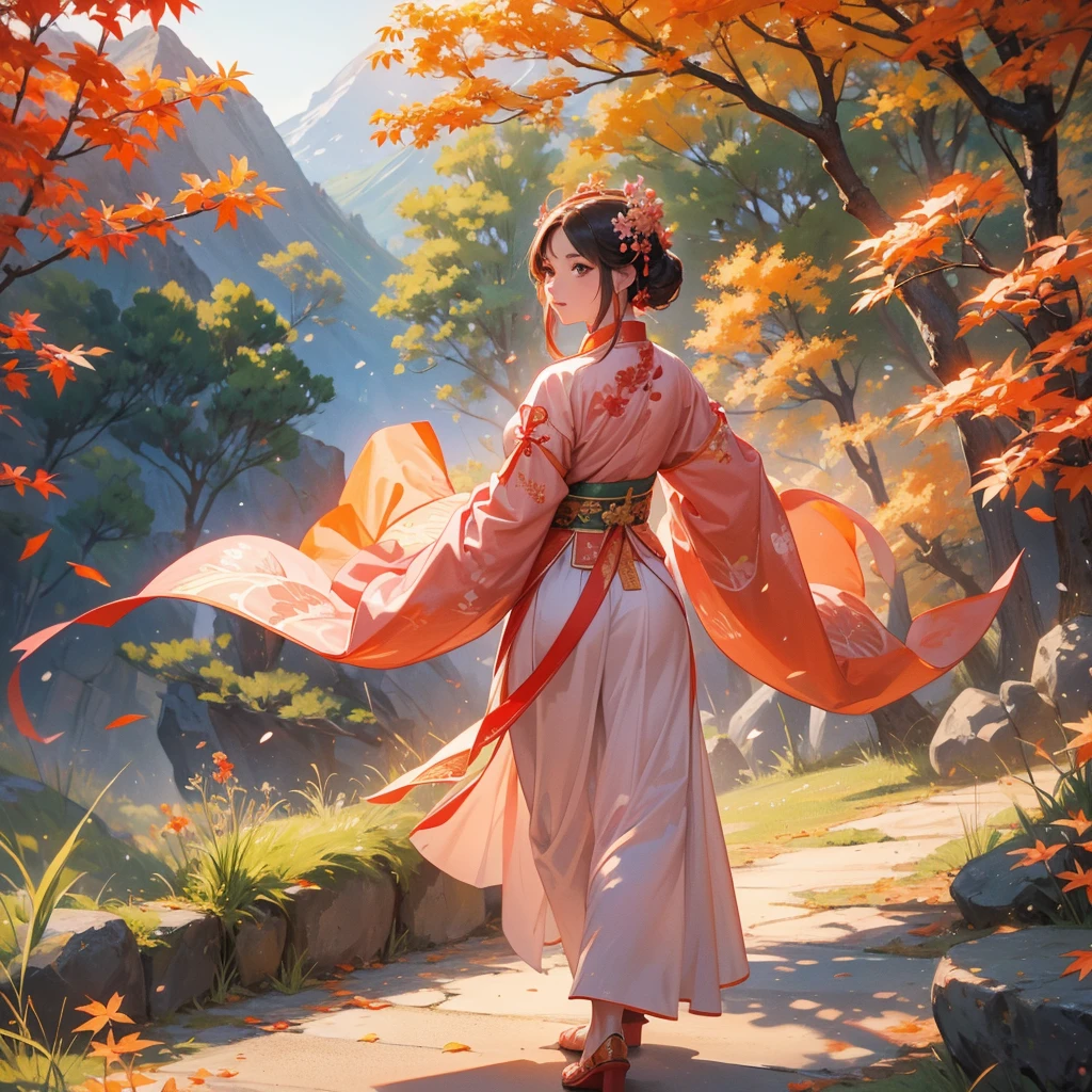 A beautiful female general holding a big spear in pink ancient Chinese general costume, walking In the middle of a spring mountain ,the backdrop is a mountain that turns orange-red in spring, and maple leaves fall from the trees.The sun shines and the sun rises, close up.