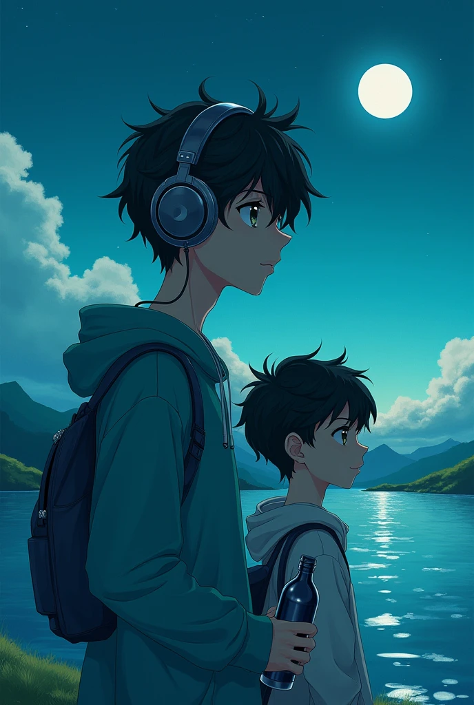 Anime boy with headphones and a bottle with a turquoise background, the bottle is darker and the boy is bigger, another similar one but a little duller, everything is fine, but the turquoise landscape background is just a boy, everything is fine, now just let it be at night.
