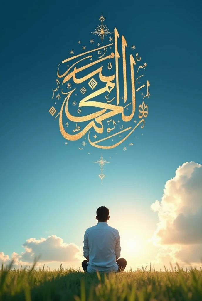 in English ya allah give the Way of and Siratim mustakeem word in arabic written
on sky
man is praying