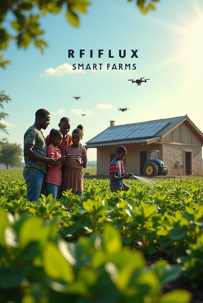 An African farmer on a smart phone, his family with him, their house with solar panels behind them, a solar generator, drones spraying water on plants, electric tractor in the farm, 2 workers using electric spray pumps, a solar powered electro cube, put RHIFLUX SMART FARMS at the top of the picture