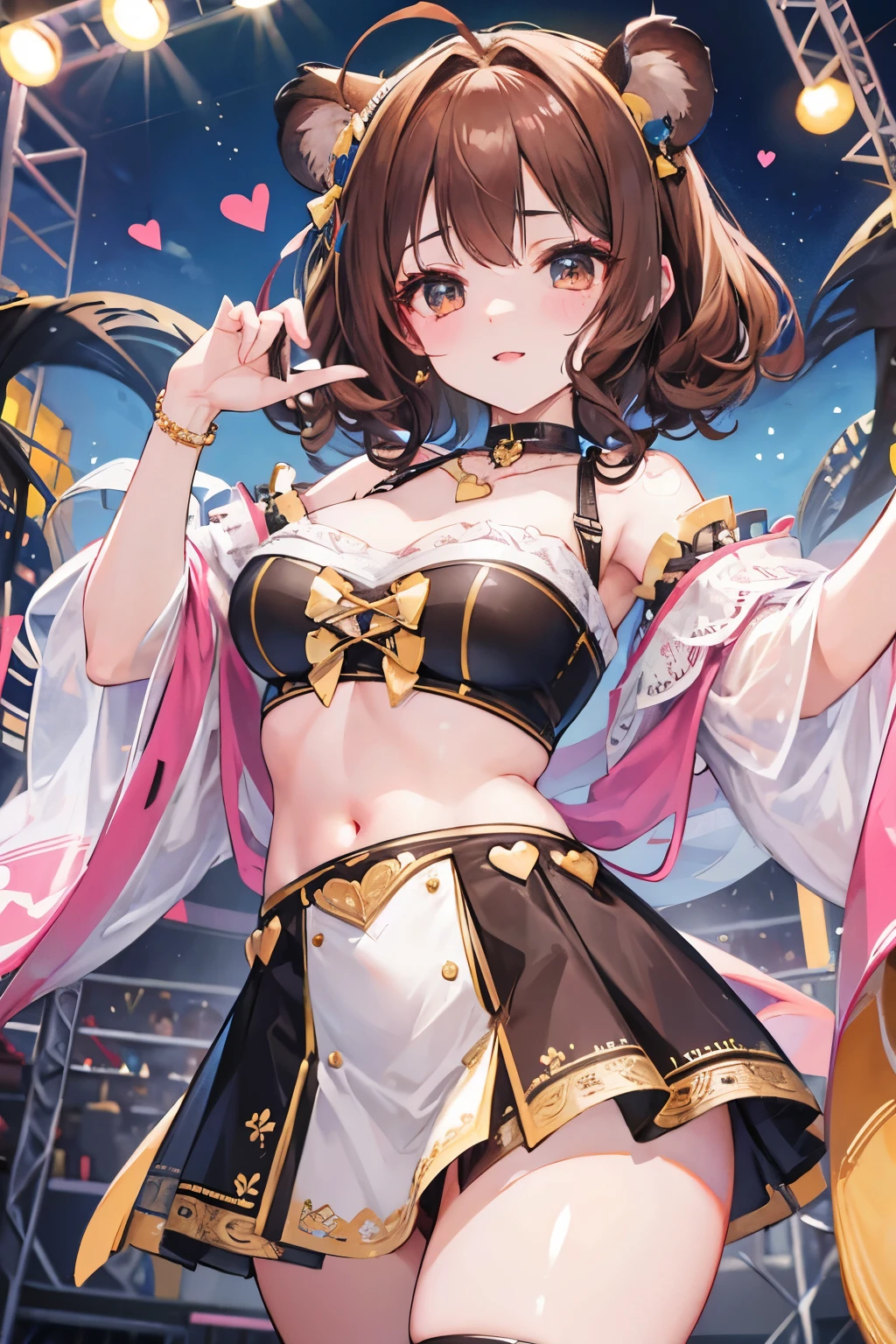 Top quality, highly detailed, UHD, idol, cute and beautiful anthropomorphic koala girl with brown curly bob hair wearing a heart shaped choker on outdoor stage