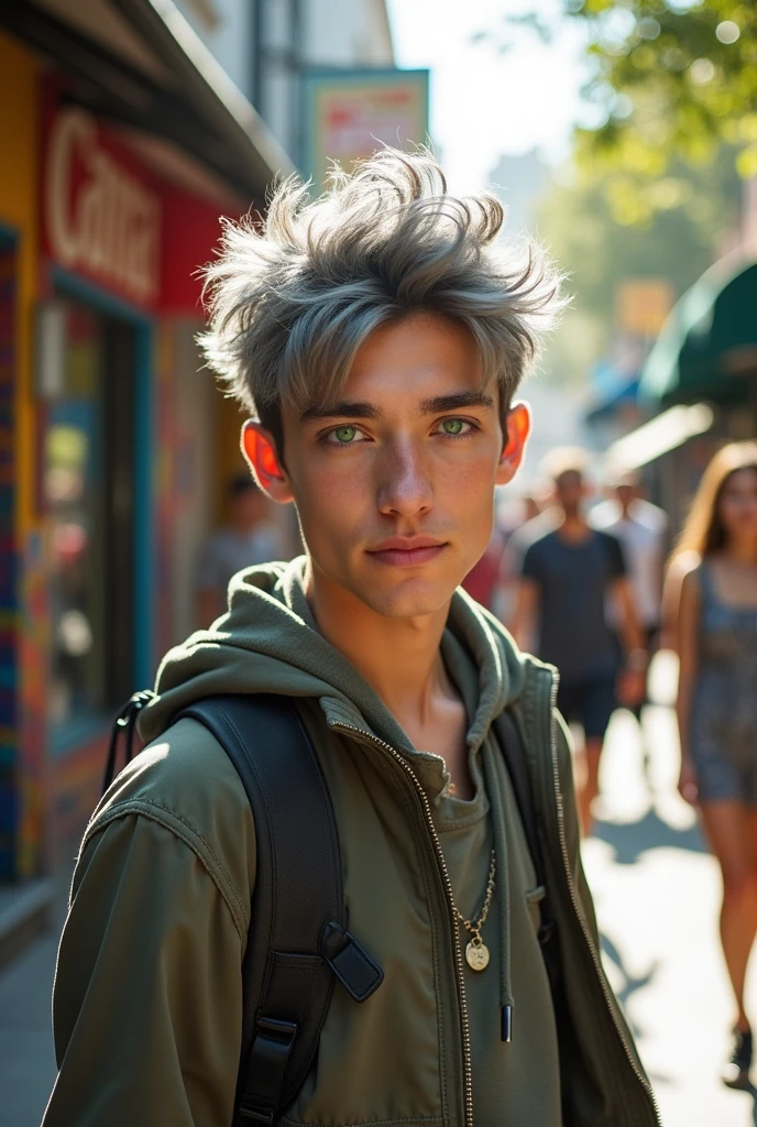 a 20 year old guy with gray hair and green eyes