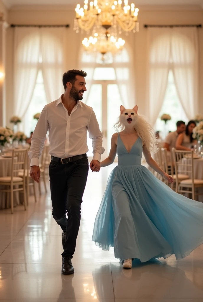 A tall white cat dressed in white shirt and black jeans runs with a tall beautiful white cat dressed in full length blue Maxie in marriage hall