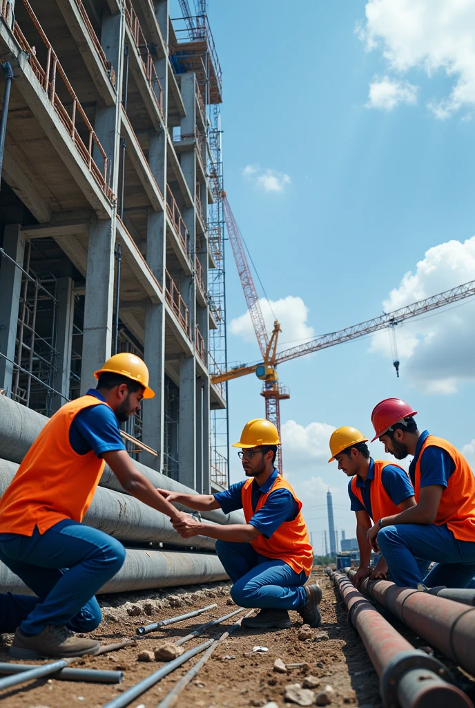 Skilled plumbing technicians working on high rise building site indian