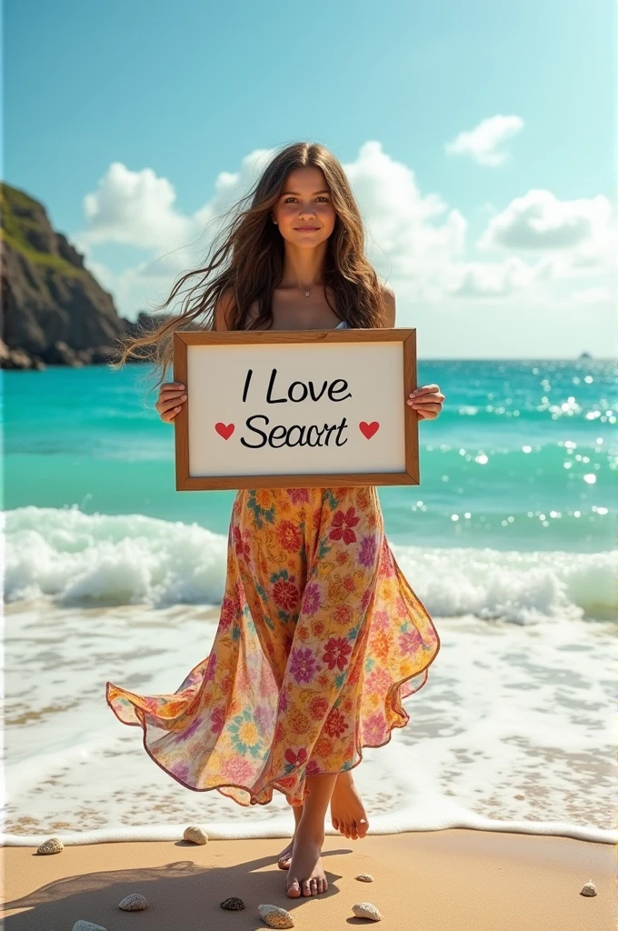 Beautiful girl with wavy long hair, bohemian dress, holding a white board with text "I Love Seaart Infinity" and showing it to the viewer