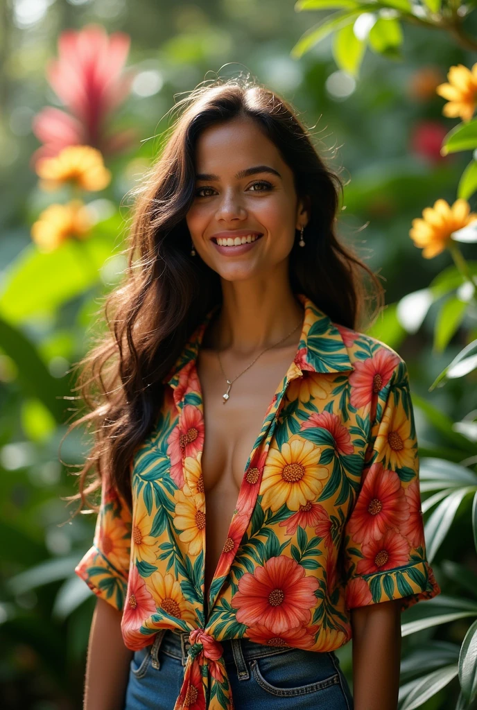 A Brazilian woman in a lush tropical garden, wearing an open shirt with a floral print, with a close-up capturing the harmonious beauty between her breasts and the natural flowers, showing off your natural charm and outgoing personality.