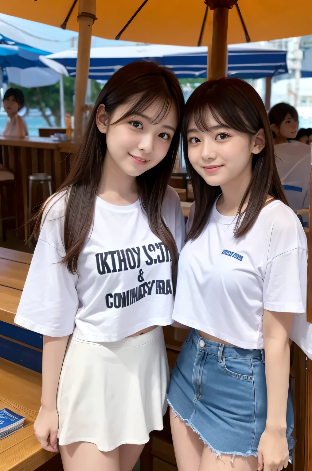 Two girls (21 years old, Japanese cute face) are wearing white Tshirts, mini skirt at the beach bar