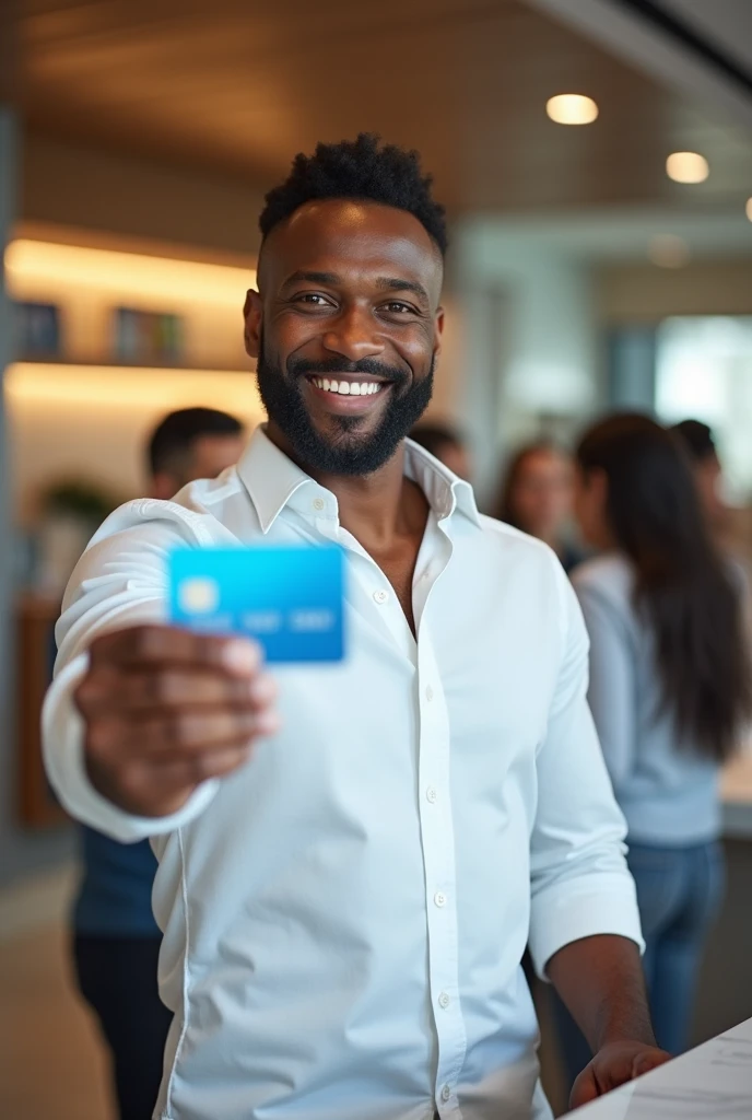 Brown man, strong and virile, smiling, showing a blue credit card, inside a bank branch.