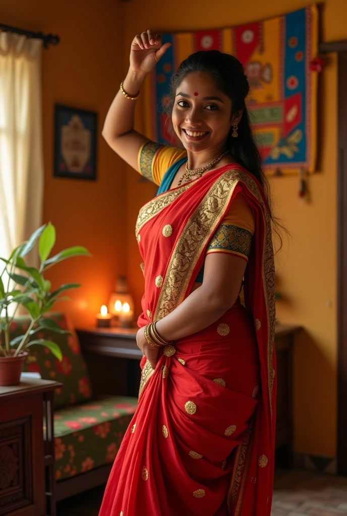 Indian chubby curvy female aged 30 fair skintone wearing kerala kasavu saree kerala home. Realistic image. Dance pose. Closeup.