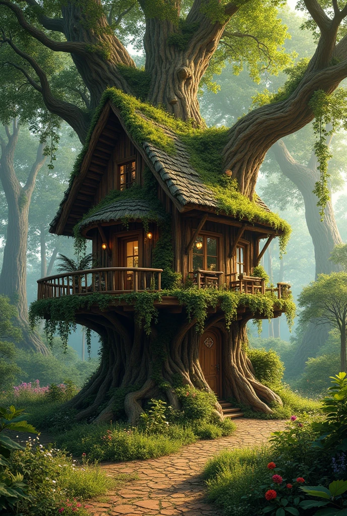 A large tree-shaped house in the forest