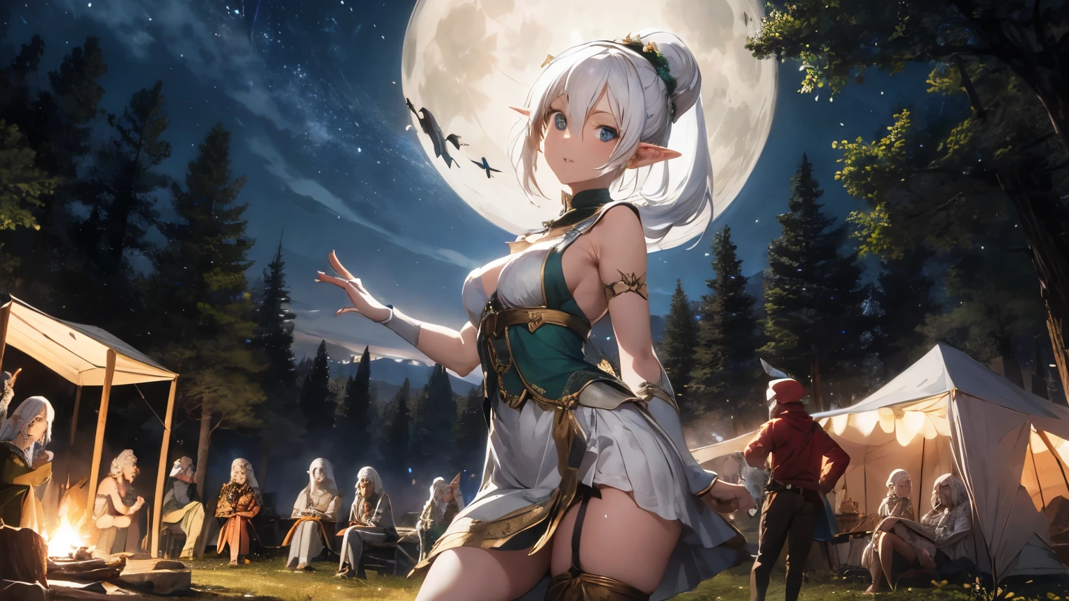 sexy elf woman with white hair, wearing medieval dress having fun dancing around the campfire with crowd under the moon light at the center of medieval forest at midnight.